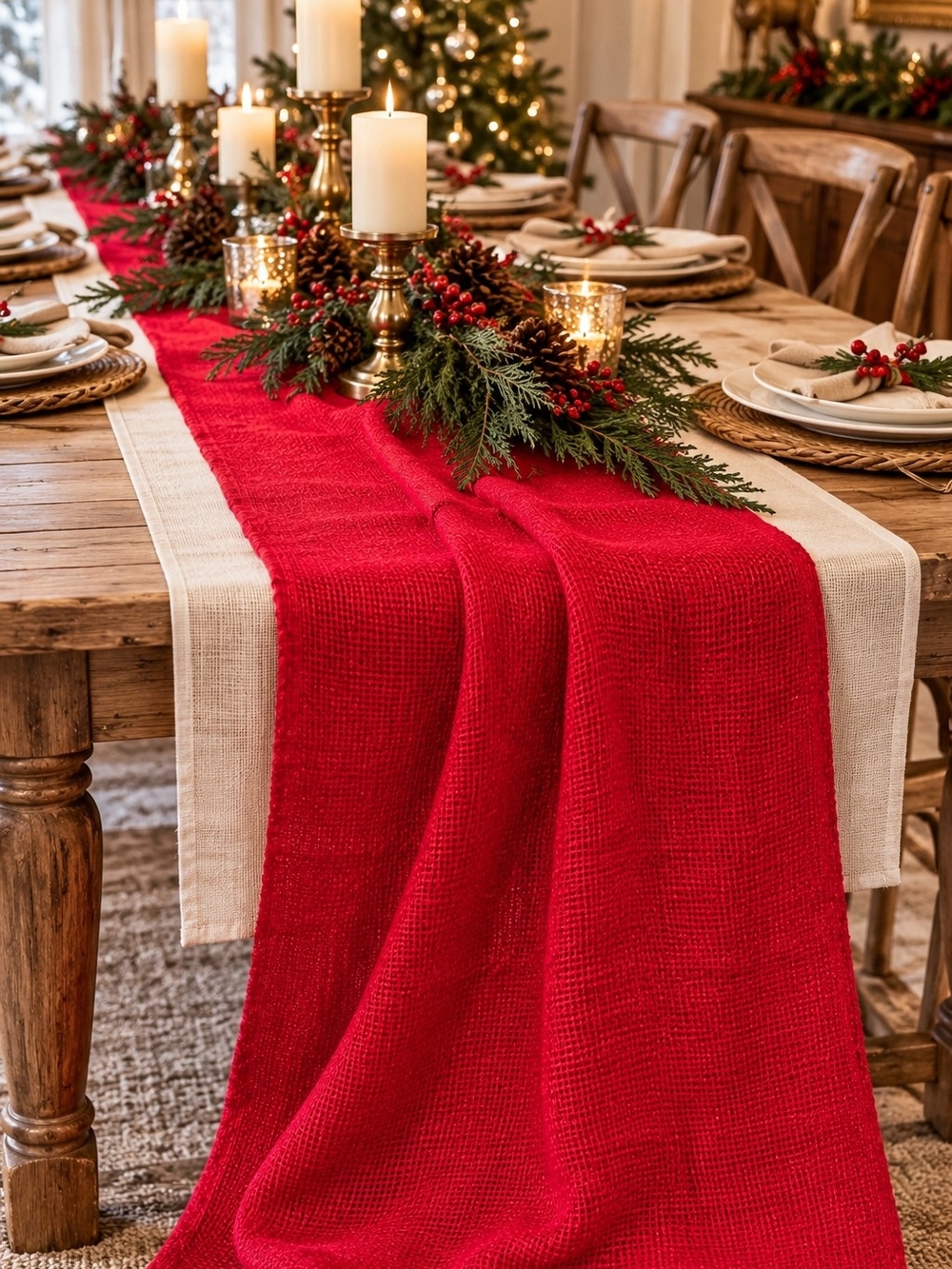 Red Burlap Style Fabric 44x128 Rustic Christmas Holiday Decor Craft Textile